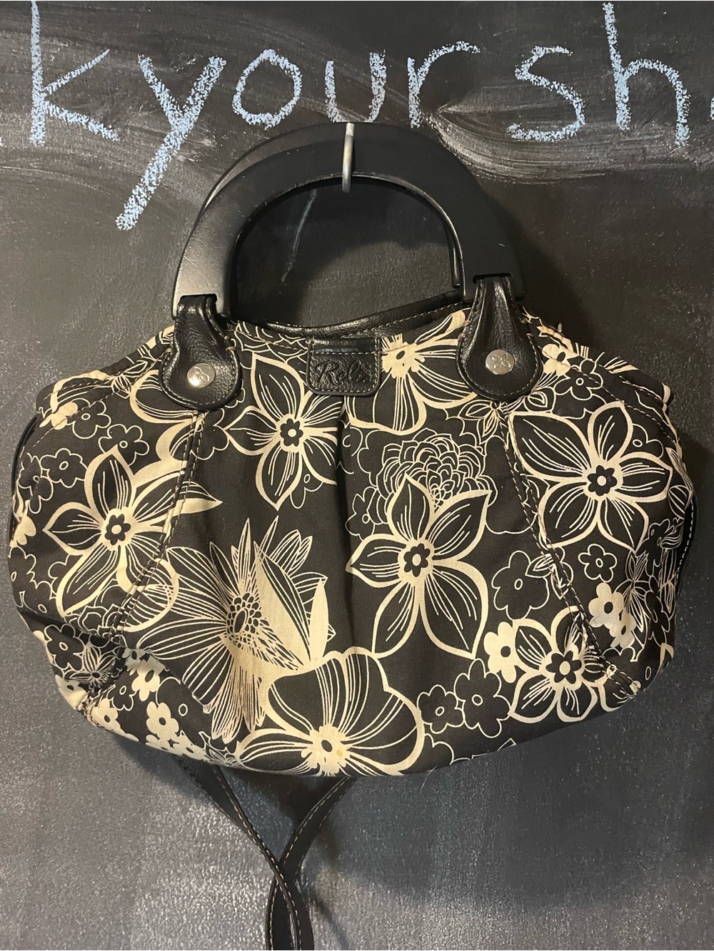 Relic Black Cream Floral Satchel Handbag Wood Handles Crossbody Y2K